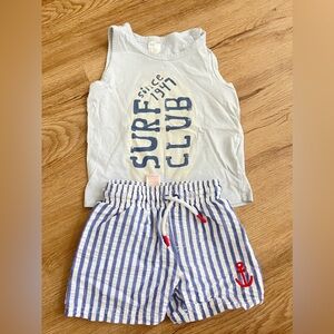 Zara style set blue swim trunk and sleeveless surf club top size 12-18 months